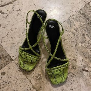 BP green snakeskin strappy sandals